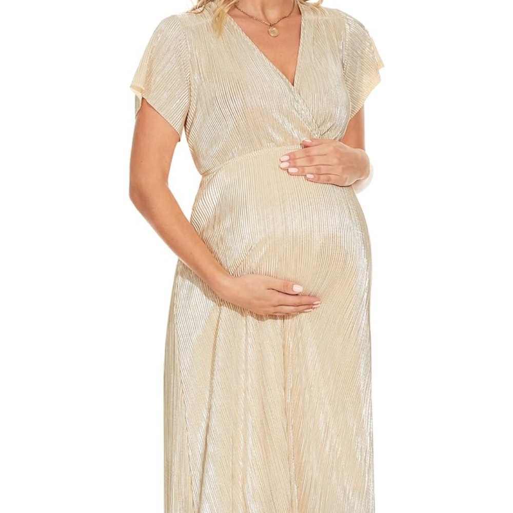 Maxi Dress: Gold pleated | Photoshoot Baby Shower bridesmaid maternity
